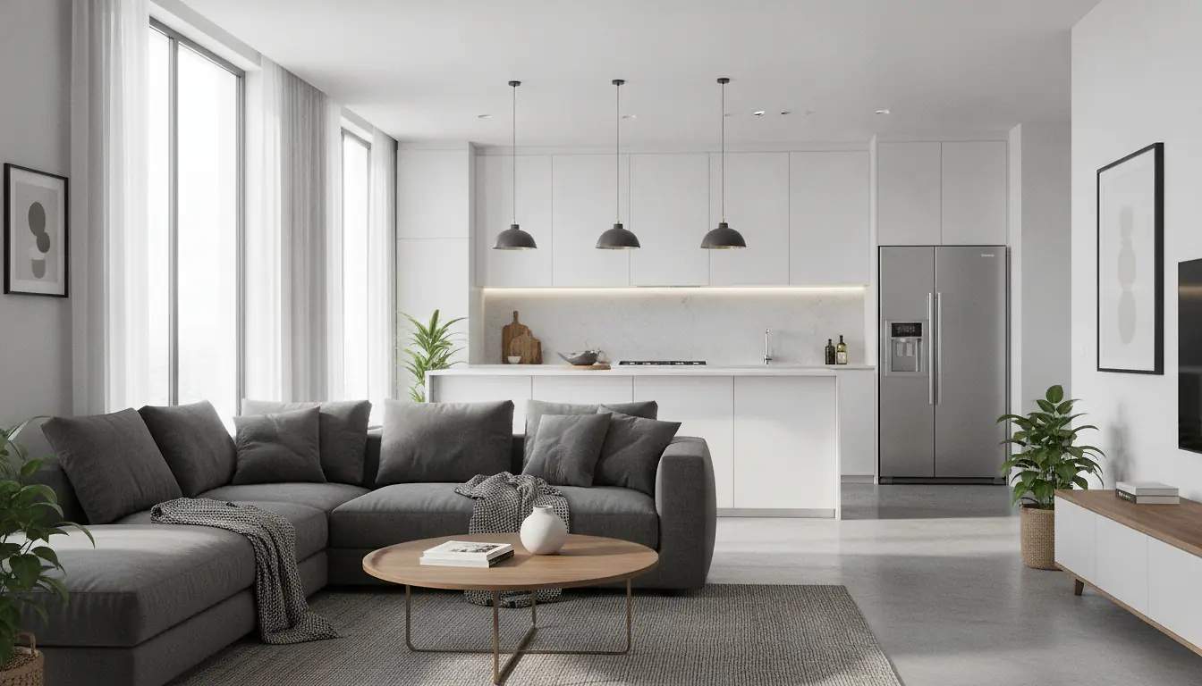 Appartement meublé moderne avec salon cosy équipé, canapé gris et cuisine américaine lumineuse